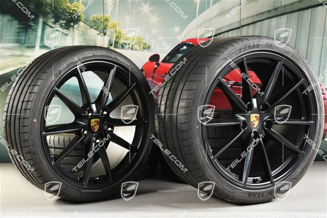 20"+21" Sommerräder Satz Carrera S, Felgen 8,5J x 20 ET53 + 11,5J x 21 ET67 + Sommerreifen 245/35 R20 + 305/30 R21, mit RDK-Sensoren, schwarz seidenmatt, DOT 2019