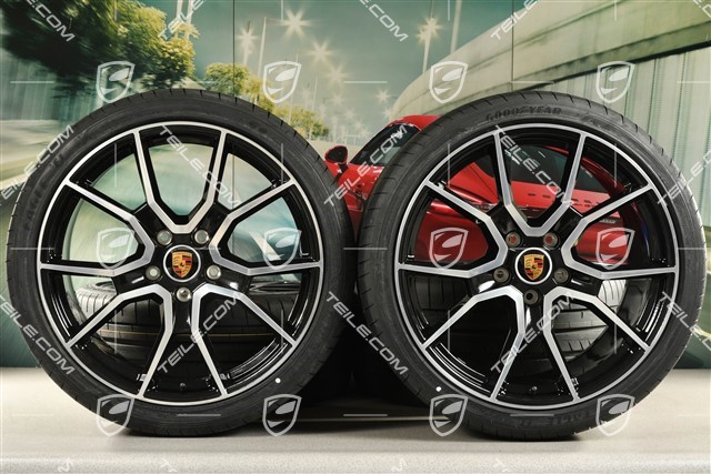21" RS Spyder design summer wheels set, rims 9.5J x 21 ET60 + 11.5J x 21 ET66 + NEW Goodyear summer tyres 265/35 R21 + 305/30 R21, black high gloss