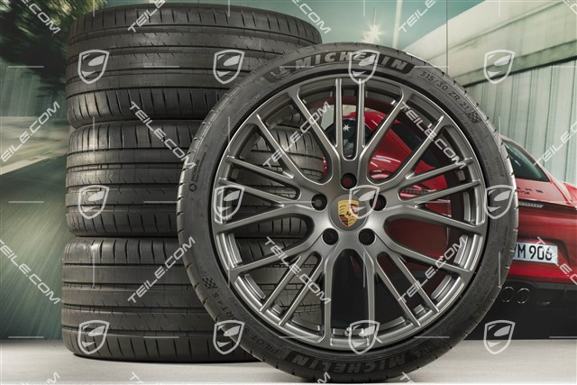 21" Panamera Exclusive Design Sport Sommerräder Satz, Felgen 9,5J x 21 ET71 + 11,5J x 21 ET69 + Michelin Sommerreifen 275/35 R21 + 315/30 R21, mit RDK-Sensoren, in Platinum Seidenmatt