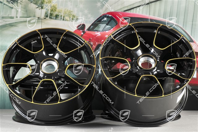 20" Zentralverschluss Felgensatz, 911 Turbo S Exclusive Design, 9J x 20 ET51 + 11,5J x 20 ET56, schwarz/goldgelb