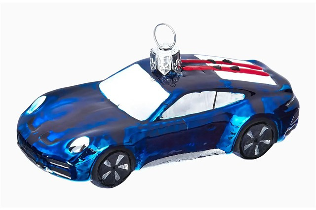 Christmas tree decorations / ball Collector's Edition No. 6 – Christmas, Porsche 911 Dakar with skis, blue