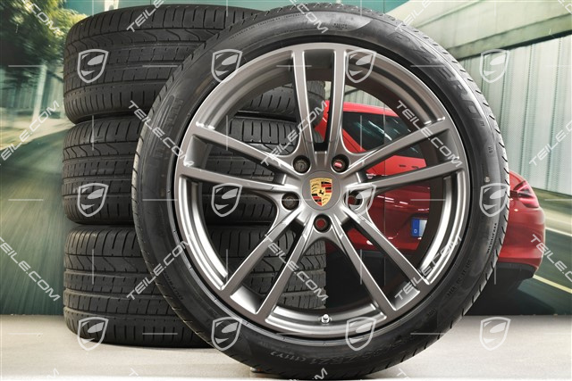 21-inch Cayenne Turbo Design summer wheel set, rims 9,5J x 21 ET46 + 11,0J x 21 ET58 + Pirelli P Zero summer tyres 285/40 R21 + 315/35 R21, with TPMS, Platinum satin mat