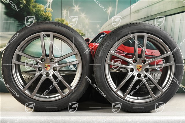21-inch Cayenne Turbo summer wheel set, rims 9,5J x 21 ET46 + 11,0J x 21 ET49 + Pirelli P Zero summer tyres 285/40 R21 + 315/35 R21, Platinum satin matt