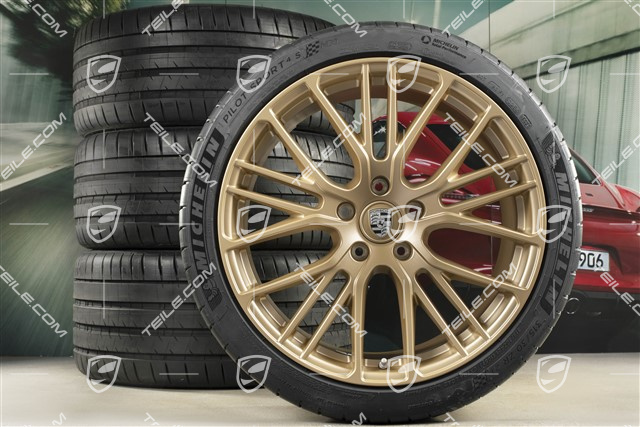 21" Panamera Exclusive Design Sport Sommerräder Satz, Felgen 9,5J x 21 ET71 + 11,5J x 21 ET69 + Michelin Sommerreifen 275/35 R21 + 315/30 R21, mit RDK-Sensoren, in Aurum Seidenmatt