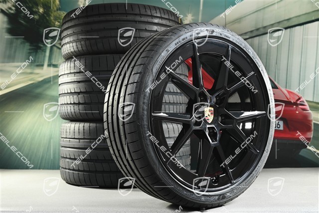 20+21" Carrera S Sommerräder Satz, Felgen 8,5J x 20 ET50 + 11,5J x 21 ET79, Goodyear Sommerreifen 245/35 R20 + 315/30 R21, schwarz hochglanz