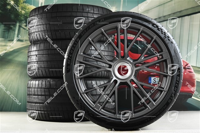 21" Panamera Turbo S Koła letnie, komplet, mocowanie centralne, felgi 9,5J x 21 ET71 + 11,5J x 21 ET69 + opony letnie Michelin Pilot Sport S5 275/35 R21 + 325/30 R21, ciemny srebrny - dark silver