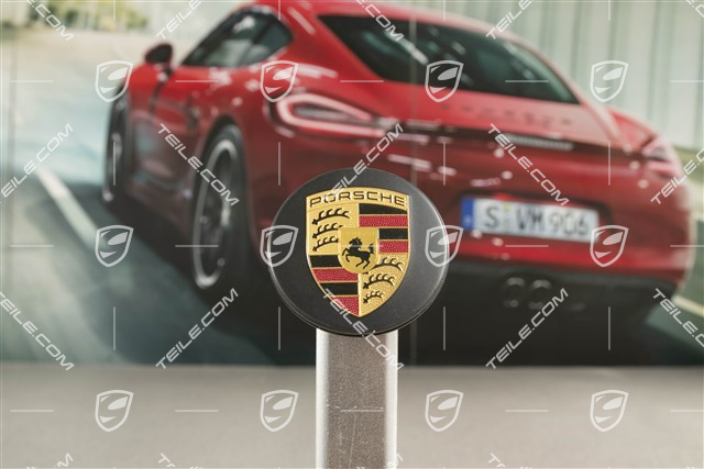 Zierdeckel für Zentralverschluss, Turbo, farbiges Porsche Wappen, Schwarz-matt