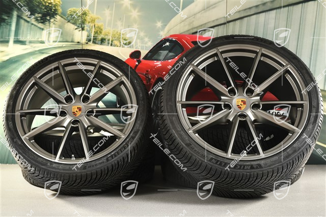 20"+21" koła zimowe Carrera S, komplet, felgi 8,5J x 20 ET53 + 11J x 21 ET66 + opony zimowe Michelin 245/35 R20 + 295/30 R21, Platinum satynowy mat