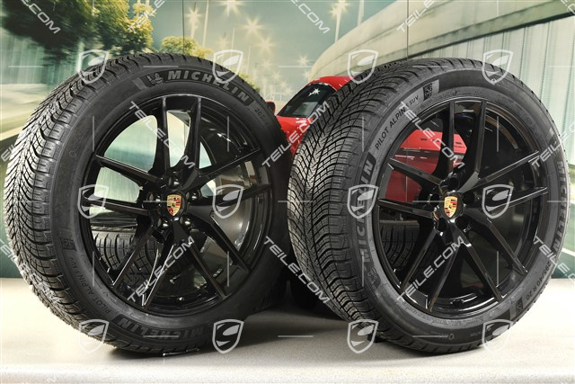 20" "Macan S" koła zimowe, komplet, felgi 9J x 20 ET26 + 10J x 20 ET19, opony zimowe Michelin 265/45 R 20 + 295/40 R 20, czarny wysoki połysk, z czujnikami ciśnienia RDK