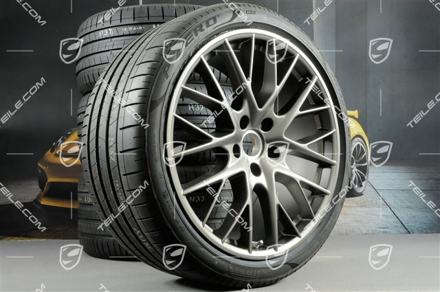 21-inch Panamera SportDesign summer wheel set, rims 9,5J x 21 ET71 + 11,5J x 21 ET69 + Pirelli summer tires 275/35 ZR21 + 315/30 ZR21, with TPM, Platinum satin matt