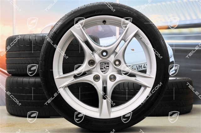 18" koła letnie, komplet Cayman S II, felgi 8J x 18 ET57 + 9J x 18 ET43 + NOWE opony letnie 235/40 R18 + 265/40 R18, bez czujników ciśnienia