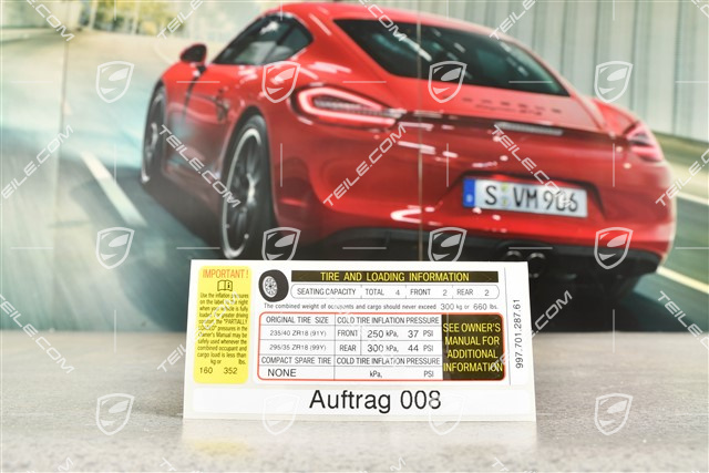 Aufkleber / Klebeschild / Hinweiss Reifen- und Ladeinformation, Carrera 4 USA
