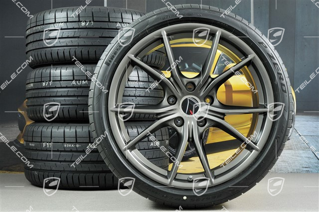 20" Carrera S summer wheels set, rims 8J x 20 ET57 + 10J x 20 ET45, Pirelli summer tires 235/35 ZR20 + 265/35 ZR20, Platinum satin matt, with TPMS