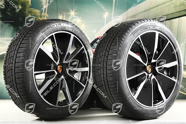 21" Macan Turbo Winterräder Satz, Felgen 8,5J x 21 ET27 + 10,5J x 21 ET47 + NEUE Continental Winterreifen 255/45 R21 + 285/40 R21, in Schwarz Hochglanz
