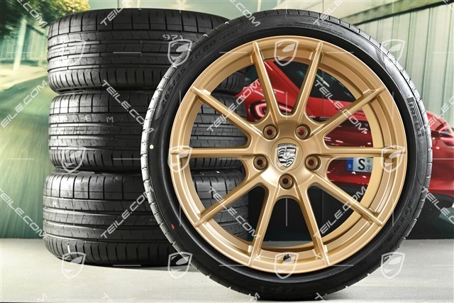 20-inch 718 Sport summer wheels set, rims 8,5J x 20 ET57 + 10,5J x 20 ET47 + NEW Pirelli summer tires 235/35 ZR20 + 265/35 ZR20, with TPMS, aurum satin matt
