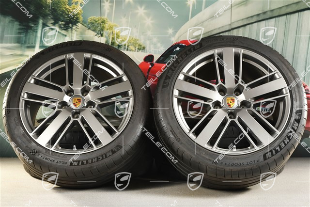 20" Panamera Design 2 Sommerräder, Felgen 9,5J x 20 ET71 + 11,5J x 20 ET68 + Michelin Sommerreifen 275/40 ZR20 + 315/35 ZR20, mit RDK-Sensoren, Platinum Seidenmatt