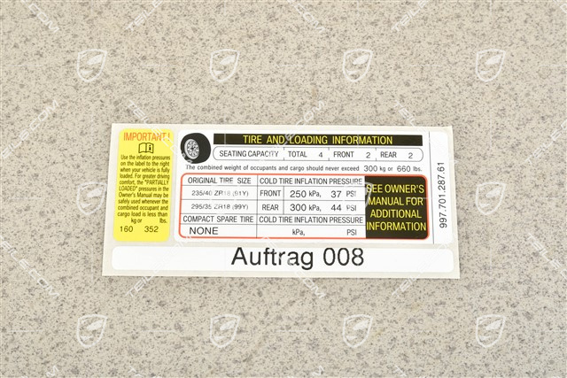 Aufkleber / Klebeschild / Hinweiss Reifen- und Ladeinformation, Carrera 4 USA