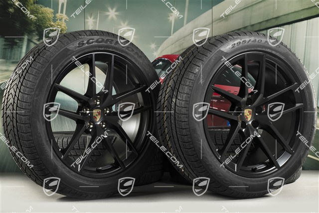 20" "Macan S" koła zimowe, komplet, felgi 9J x 20 ET26 + 10J x 20 ET19 + NOWE opony zimowe Pirelli 265/45 R 20 + 295/40 R 20, czarny satynowy półmat, z czujnikami ciśnienia RDK