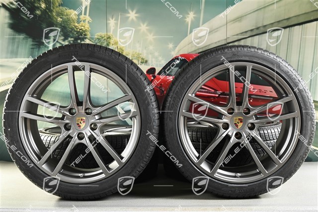 21-inch Cayenne COUPÉ Turbo Design winter wheel set, rims 9,5J x 21 ET46 + 11,0J x 21 ET49 + NEW Pirelli winter tyres 275/40 R21 + 305/35 R21, with TPMS, platinum satin matt