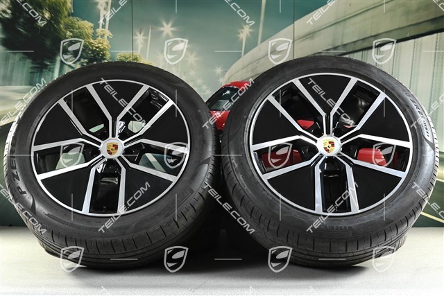 21-inch Cayenne Coupe Aero Design summer wheel set, rims 9,5J x 21 ET46 + 11,0J x 21 ET49 + Pirelli P Zero summer tyres 285/45 R21 + 315/40 R21, with TPMS about 30km, DOT/prod.year 2025