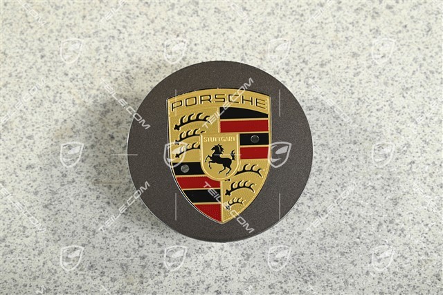 Radkappe, rund, gewölbt, mit farbigem Porsche-Wappen, Umber Metallic