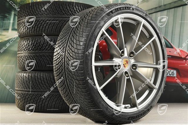20"+21" koła zimowe Carrera S, komplet, felgi 8,5J x 20 ET53 + 11J x 21 ET66 + opony zimowe Michelin 245/35 R20 + 295/30 R21, Platinum satynowy mat