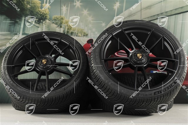 20"+21" GTS komplet kół zimowych "Turbo S", felgi centralnie mocowane 8,5J x 20 ET50 + 11J x 21 ET66 + NOWE opony zimowe Michelin 245/35 R20 + 295/30 R21, czarny satynowy półmat