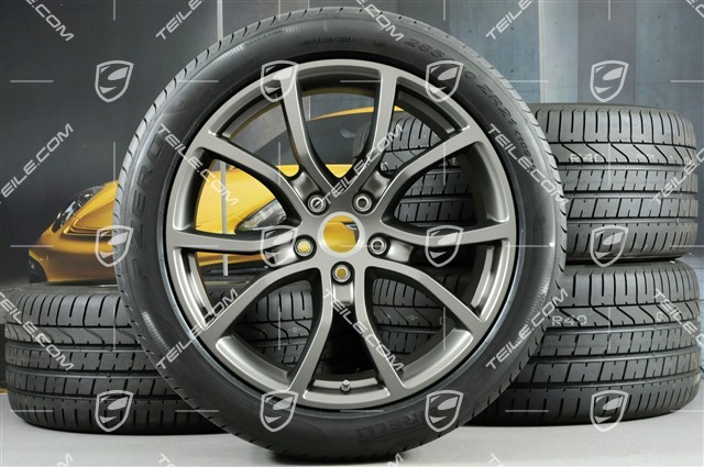 21-inch Cayenne COUPE Exclusive Design summer wheel set, rims 9,5J x 21 ET46 + 11,0J x 21 ET49 + Pirelli summer tyres 285/40 R21 + 315/35 R21, Platinum satin matt, with TPMS