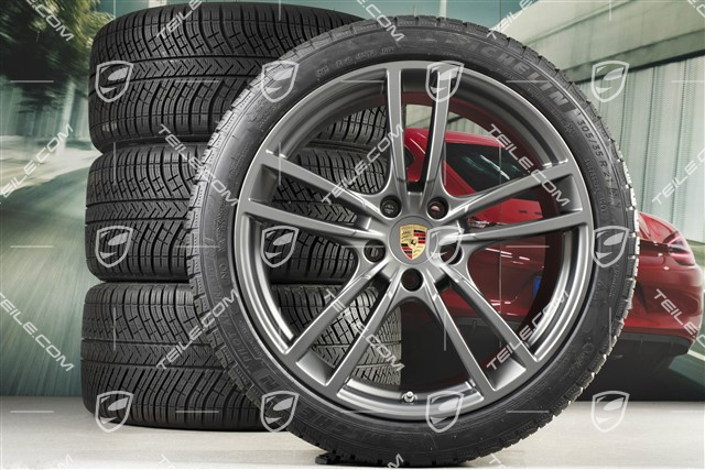 21-inch Cayenne Turbo winter wheel set, rims 9,5J x 21 ET46 + 11,0J x 21 ET58 + NEW Michelin winter tyres 275/40 R21 + 305/35 R21, with TPMS, Platinum satin matt