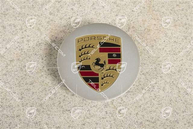 Hub cap, convex, crest coloured, brilliant chrome