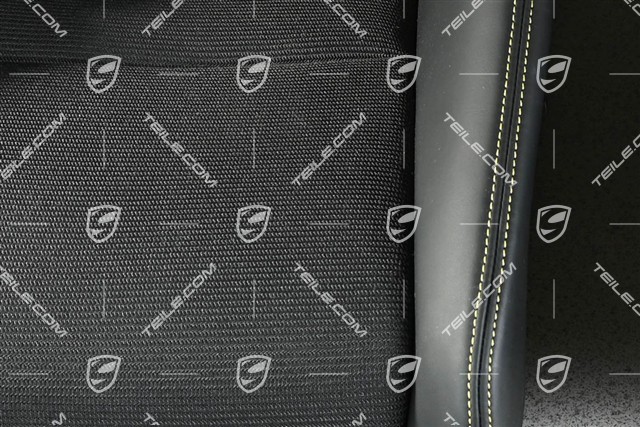 Schalensitze, CARBON, Leder + Stoff in Schwarz, gelbe Nähte, Porsche Wappen, Satz, L+R