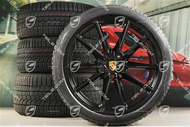 20"+21" Carrera S Winterräder Satz, Felgen 8,5J x 20 ET53 + 11J x 21 ET66 + NEUE Continental Winterreifen 245/35 R20 + 295/30 R21, in Schwarz Hochglanz