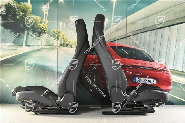 Fotele, elektryczna regulacja, herb Porsche, skóra, czarne, komplet  (L+R)