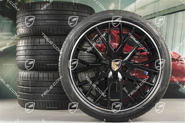 21" Koła letnie Panamera SportDesign, felgi 9,5J x 21 ET71 + 11,5J x 21 ET69 + opony letnie Pirelli 275/35 ZR21 + 315/30 ZR21, z czujnikami ciśnienia, ramiona czarny połysk
