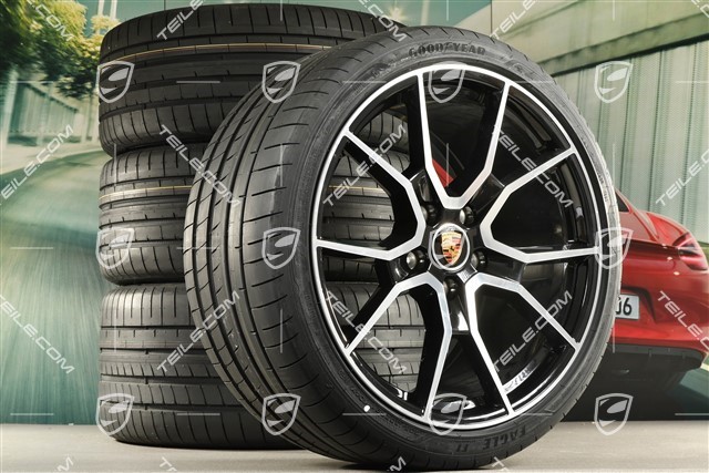 21" RS Spyder design summer wheels set, rims 9.5J x 21 ET60 + 11.5J x 21 ET66 + NEW Goodyear summer tyres 265/35 R21 + 305/30 R21, black high gloss