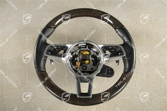 Multifunction steering wheel, 3-spoke, Sport Chrono Plus Package, Leather/Wood, Black