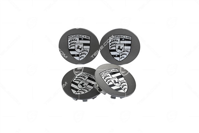 Hub cap, concave, crest black-white, platinum satin-matt