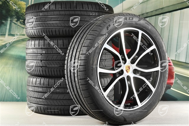 21-inch Cayenne Exclusive Design summer wheel set, rims 9,5J x 21 ET46 + 11,0J x 21 ET58 + Pirelli P Zero summer tyres 285/45 R21 + 315/40 R21, with TPMS, Jet Black Metallic