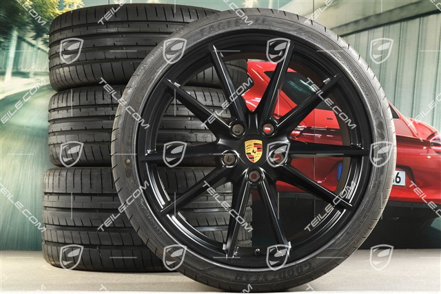 20"+21" Sommerräder Satz Carrera S, Felgen 8,5J x 20 ET53 + 11,5J x 21 ET67 + Sommerreifen 245/35 R20 + 305/30 R21, mit RDK-Sensoren, schwarz seidenmatt, DOT 2019