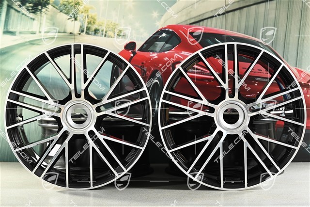 21" Felgi Panamera Turbo S, komplet, centralnie mocowane, 9,5J x 21 ET71 + 10,5J x 21 ET71, czarny wysoki połysk