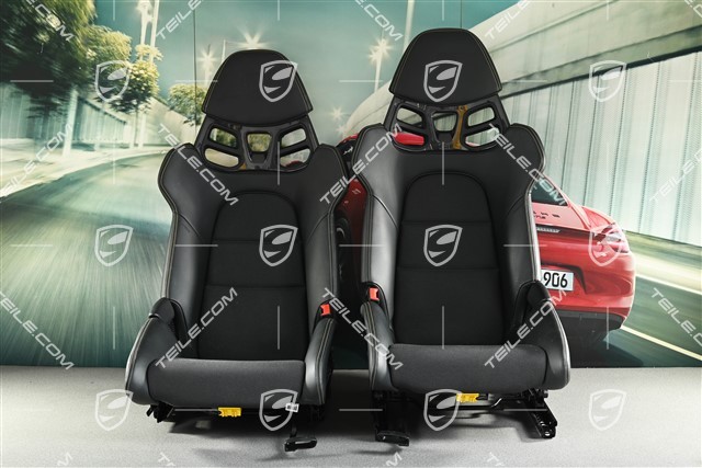 Schalensitze, CARBON, Leder + Stoff in Schwarz, gelbe Nähte, Porsche Wappen, Satz, L+R