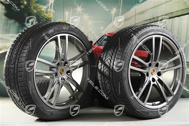 21-inch Cayenne COUPÉ Turbo Design winter wheel set, rims 9,5J x 21 ET46 + 11,0J x 21 ET49 + NEW Pirelli winter tyres 275/40 R21 + 305/35 R21, with TPMS, platinum satin matt