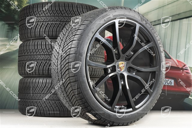 21" koła zimowe Cayenne Exclusive Design, komplet, felgi 9,5J x 21 ET46 + 11,0J x 21 ET58 + opony zimowe Michelin Pilot Alpin 5 275/40 R21 + 305/35 R21, z czujnikami ciśnienia, czarny satynowy mat