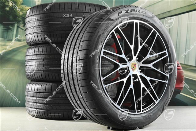 21-inch Cayenne RS Spyder Design summer wheel set, rims 9,5J x 21 ET46 + 11,0J x 21 ET58 + NEW Pirelli P Zero summer tyres 285/45 R21 + 315/40 R21, with TPMS, black high gloss
