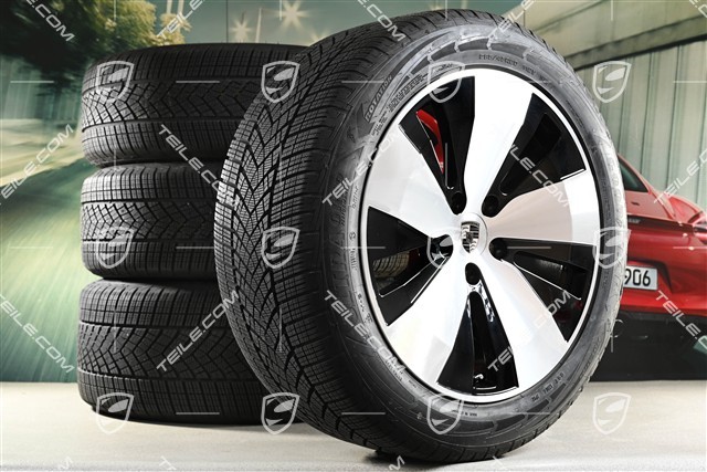 20" koła zimowe Macan, felgi 7,5J x 20 ET32 + 10J x 20 ET49 + opony zimowe Goodyear 235/55 R20 + 285/45 R20, czarny wysoki połysk, przebieg około 30km