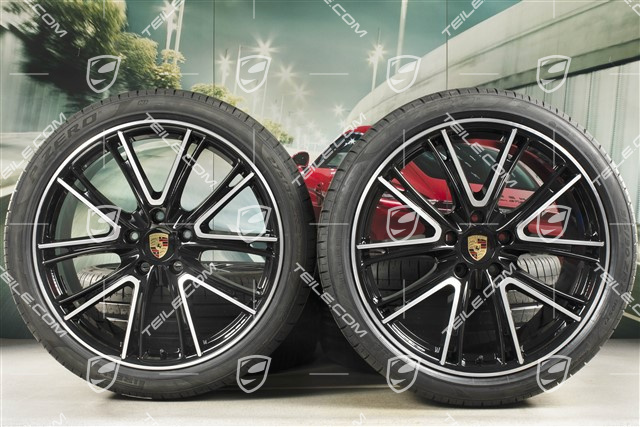 21-inch Panamera Exclusive Design summer wheel set, rims 9,5J x 21 ET71 + 11,5J x 21 ET69 + NEW Pirelli summer tires 275/35 ZR21 + 315/30 ZR21, black, with TPM