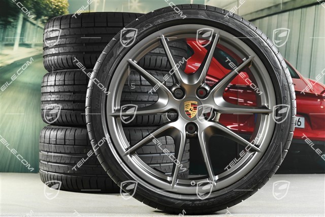 20-inch Carrera S (III) summer wheel set, Platinum (silk gloss), 8J x 20 ET57 + 9,5J x 20 ET45 + summer tyres 235/35 ZR20 + 265/35 ZR20, with TPMS