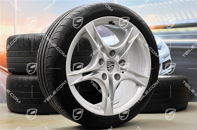 18" koła letnie, komplet Cayman S II, felgi 8J x 18 ET57 + 9J x 18 ET43 + opony letnie 235/40 R18 + 265/40 R18, bez czujników ciśnienia