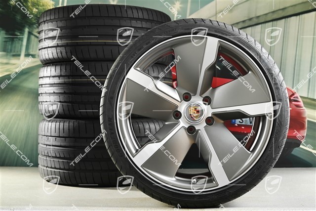 21" Exclusive Design summer wheel set, rims 9,5J x 21 ET60 + 11,5J x 21 ET66 + Goodyear summer tyres 265/35 R21 + 305/30 R21, platin silver satin matt