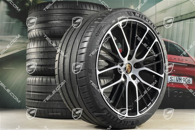 21" Panamera Exclusive Design Sport Sommerräder Satz, Felgen 9,5J x 21 ET71 + 11,5J x 21 ET69 + NEUE Michelin Sommerreifen 275/35 R21 + 315/30 R21, mit RDK-Sensoren, in Schwarz Hochglanz